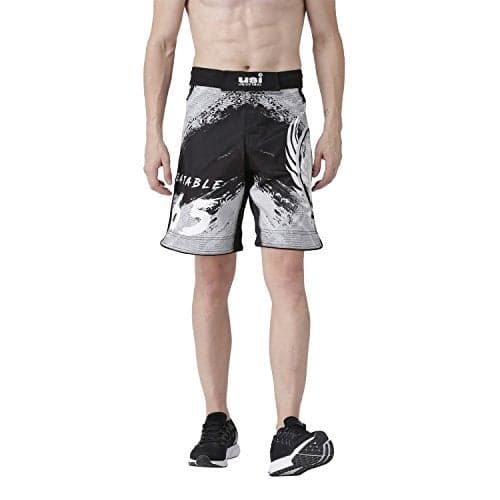 USI UNIVERSAL MMA Shorts for Training & Kickboxing, 411HB Unbeatable Shorts Tuf Stretch Fighting Shorts for Martial Arts, Cage Fight, Muay Thai, BJJ, Boxing (L, Black/Grey)