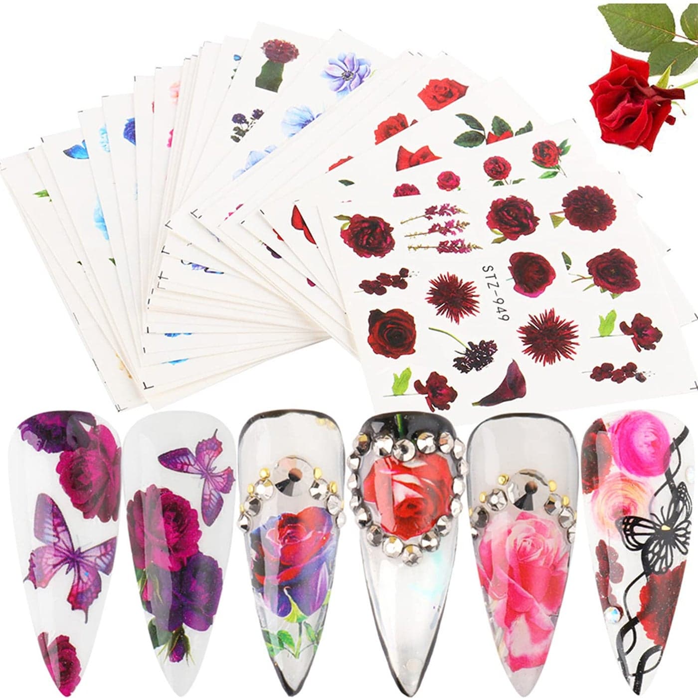 24 Sheets Flowers Nail Art Stickers Water Transfer Decals Floral Butterfly Rose Nail Art Design Nails Supplies for Women Girls Manicure Tips Decoration Holographic DIY Fingernail Charms Sticker