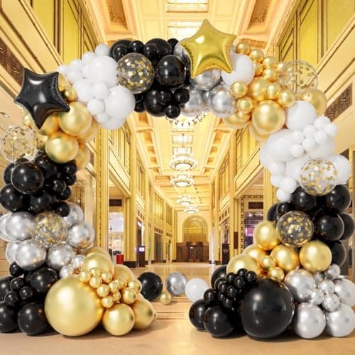 Bonropin 152pcs New Years Balloons Arch Garland Kit New Years Eve Party Supplies 2026 with Black Gold White Silver Balloons Gold Confetti Balloons for New Year Baby Shower Birthday Party Decorations