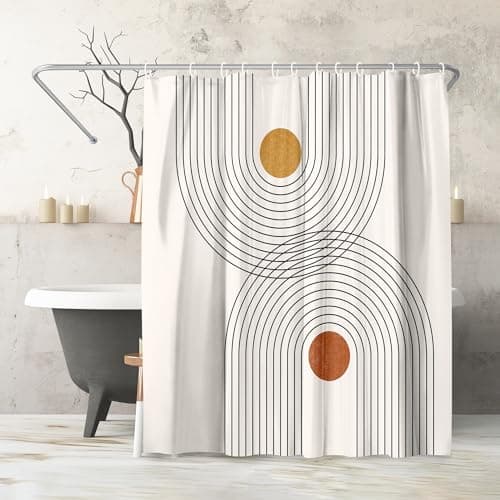 Americanflat 71x74 Boho Shower Curtain - Water-Resistant Long Shower Curtain with Durable Metal Grommets and 12 Hooks - 100% Polyester - Black, Mustard Yellow, Terracotta and Beige