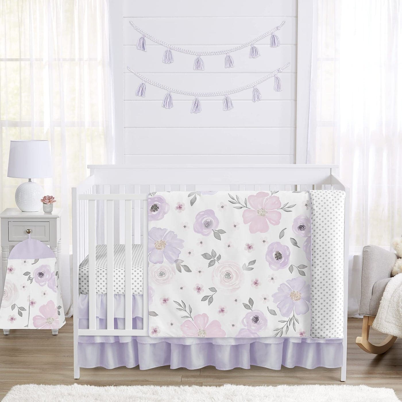 Sweet Jojo Designs 5Piece Baby Crib Bedding Set Purple Boho Floral for Girls InfantsNursery incl Blanket Fitted Sheet Crib Skirt Lavender Bohemian Shabby Chic Flower Farmhouse Polka Dot