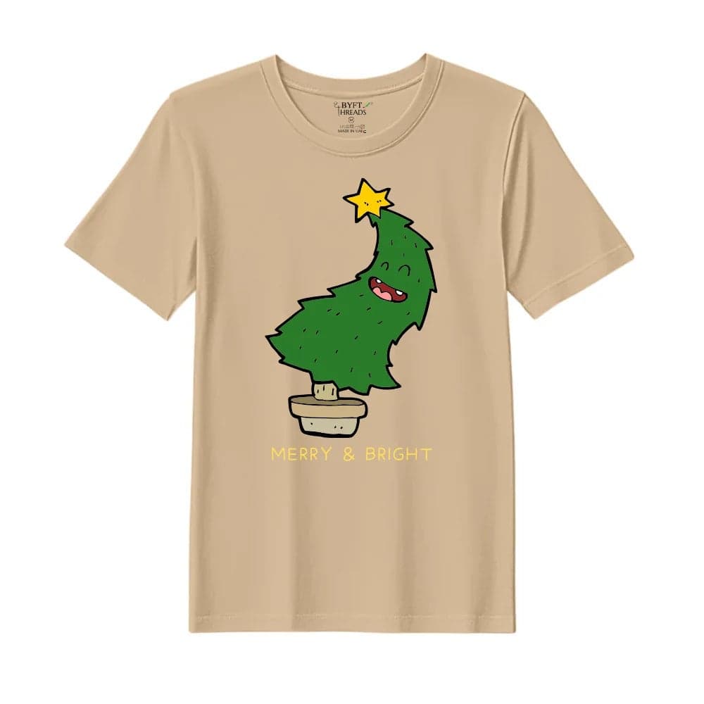 BYFT Threads XXL Beige Polycotton T-Shirt - Christmas "Merry & Bright" Printed Design, Premium Holiday Collection