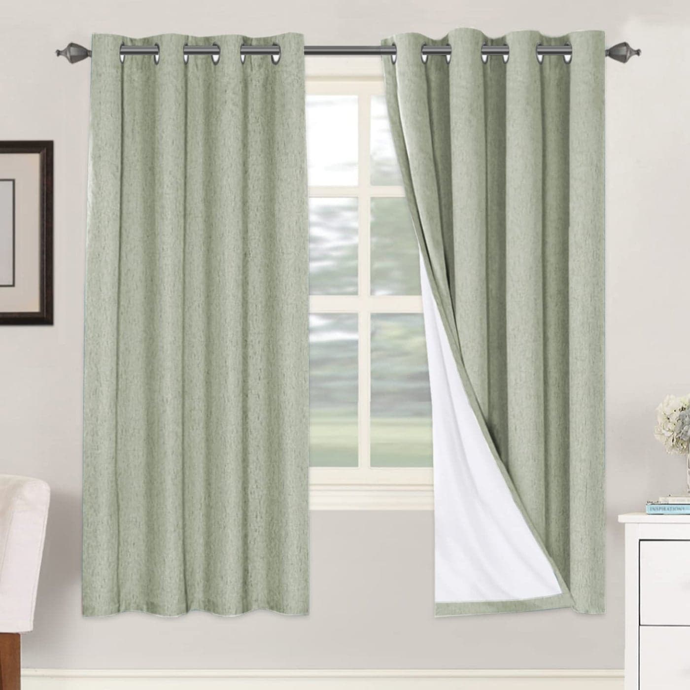 HVERSAILTEX Linen Blackout Curtains 72 Inches Long 100 Absolutely Blackout Thermal Insulated Textured Linen Look Curtain Draperies AntiRust Grommet Energy Saving with White Liner 2 Panels Sage