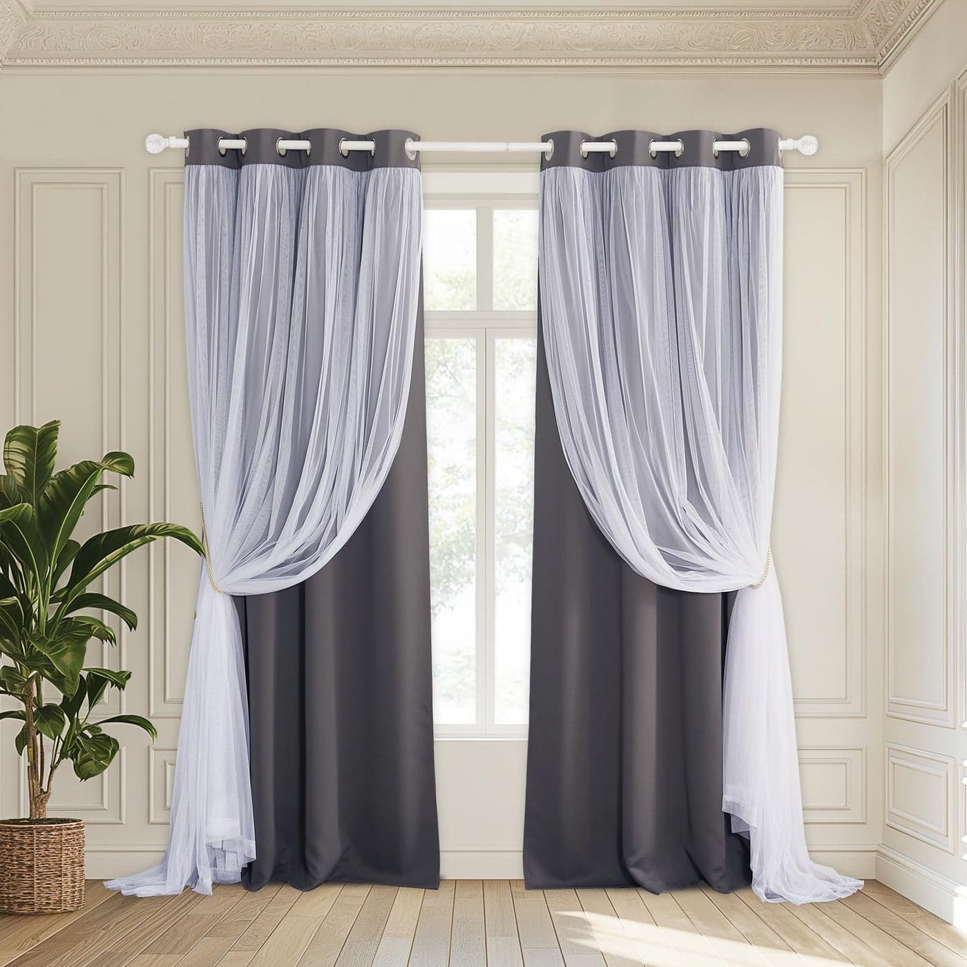PONY DANCE Blackout Curtains 84 Inches Long White Sheer Overlay Thermal Insulated Curtains for Living Room Cortina para Sala W52 x L84 inch Grey One Pair Grommet Drapes with Tie Backs