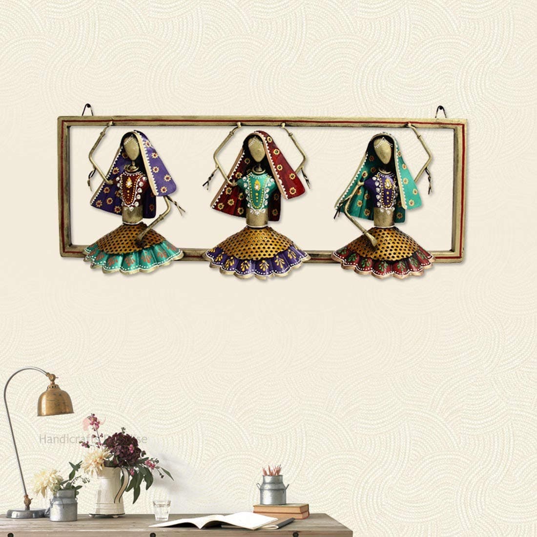 Handicrafts Paradise Wrought Iron Wall Art Tribal Ladies Dancing Wall Decor Showpiece Multicolour 23 X 9 Inch