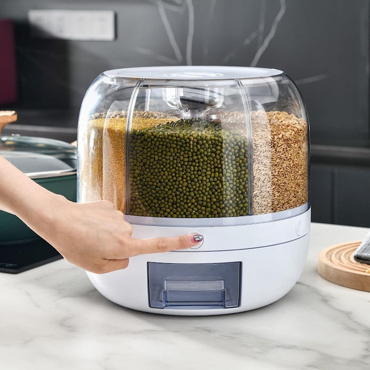 NestPlay 6Grid Rotating Food Dispenser Rotating Rice Bucket Rice Storage Tank Cereal Dispenser Rice Dispenser Stackable Food Storage Containers OneClick Rice Picking White