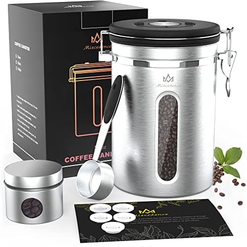 Coffee canister for ground coffee with Transparent Window,Date Tracker,CO2 Valve 304 Stainless Steel Kitchen Food Airtight storage container for Coffee Beans or Grounds, Tea, Sugar(Silver 22OZ)