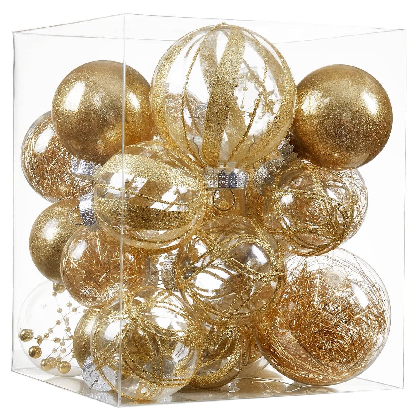 Clear Christmas Ball Ornaments24ct Shatterproof Plastic Decorative Christmas Ornaments Hanging Xmas Tree Baubles Set with Stuffed Delicate Glittering Decorations for Holiday Party Home Decor Gold