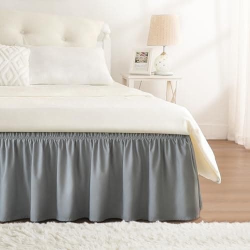 RIMELA Grey Queen Size Bed Skirt 15 Inch DropElastic Bed Skirting Light Gray Bedskirt for Adjustable Bed Base and Frame Lightweight Comforter Set with Wrap Around Dust Ruffle