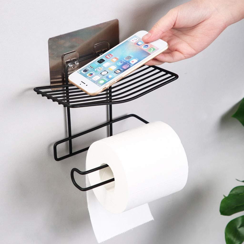 Zusaca Toilet Paper Holder Shelf Tissue Roll Towel Storage Rack Multifunctional Bathroom Shelf Wall Mount Tissue Holder with Mobile Phone Storage Shelf Rack Towel Rack Soap Dispenser Holder Black