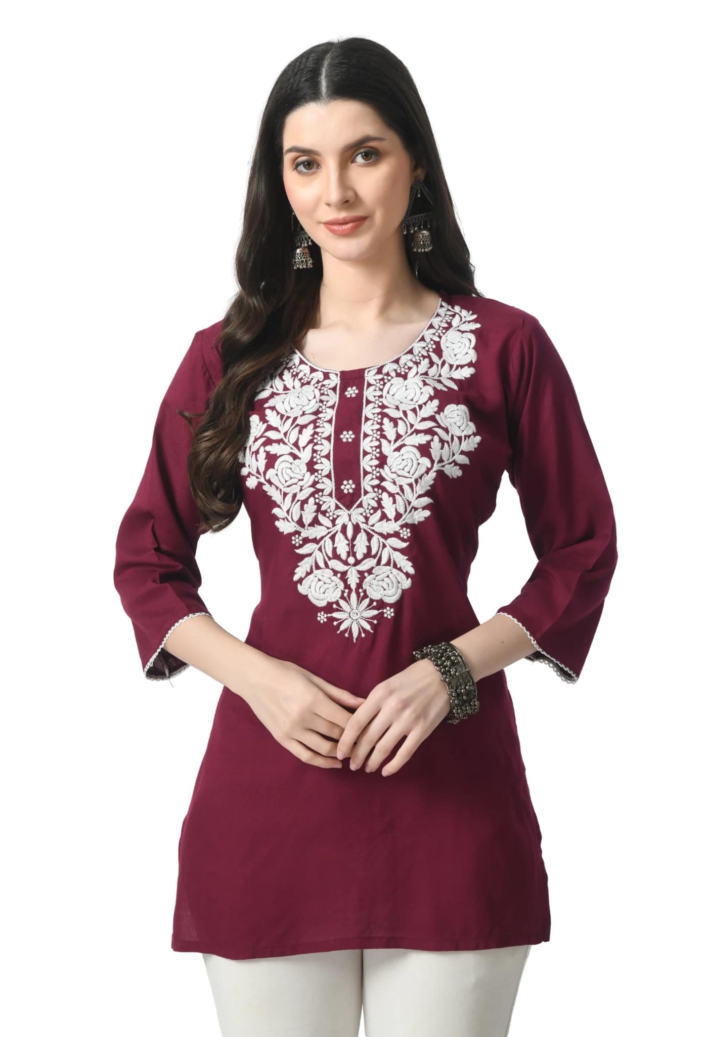 LIBOZA Rayon Kurti for Women - Short Chikankari Kurtis for Girls, Lakhnawi Tunic Top Kurta Design for Ladies, Woman Ethnic Kurthis & Shirt with Sleeve (Small, Purple)