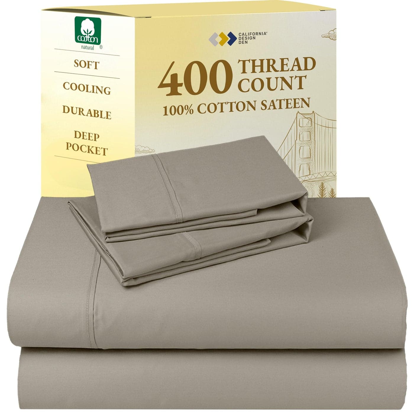 California Design Den Full Size Bed Sheets Set Soft 400 Thread Count Sateen Natural 100 Cotton Sheets with Deep Pockets Breathable Cooling and Durable Bedding Set Taupe