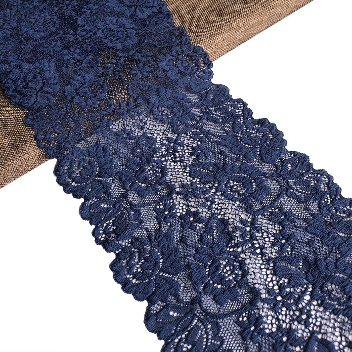 LUMKET 6 Inches Wide Stretch Lace Ribbon with Floral Pattern 5 Yards Lace Trim Fabric for Bridal Wedding Decorations Sewing and Crafts 7227 Navy