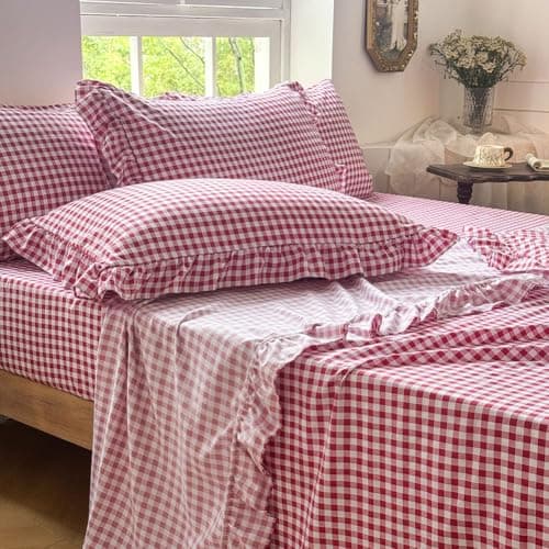 NSNLGSGC Red Gingham Ruffle King Sheet Set Red Soft PreWashed Microfiber Plaid King Bed Sheets 4Pieces Farmhouse Sheet Set with Deep Pocket