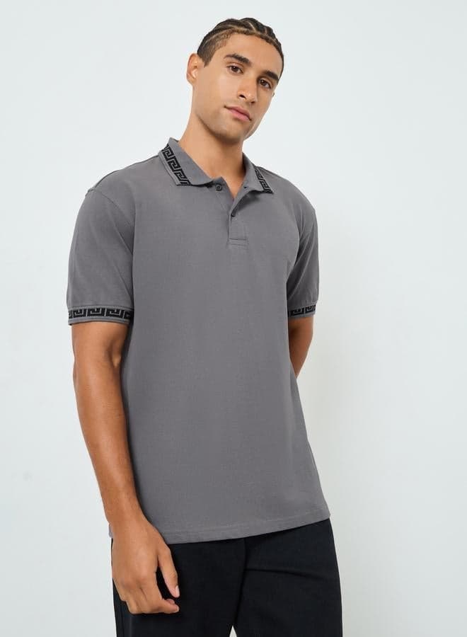 Men Grey Jacquard Collar Relaxed Fit Polo