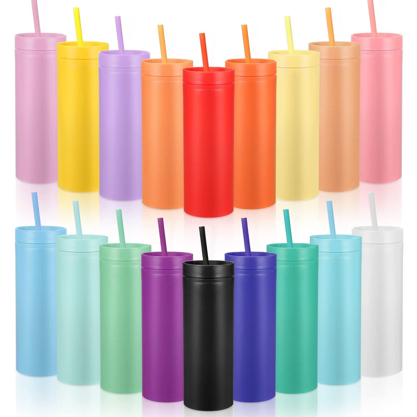 18 Pieces Skinny Acrylic Tumbler with Lid and Straw 16 oz Matte Cups Double Layer Plastic Tumbler Cups Vinyl Customized DIY Gifts for Parties Birthdays Home Office Bridal Shower Multicolor