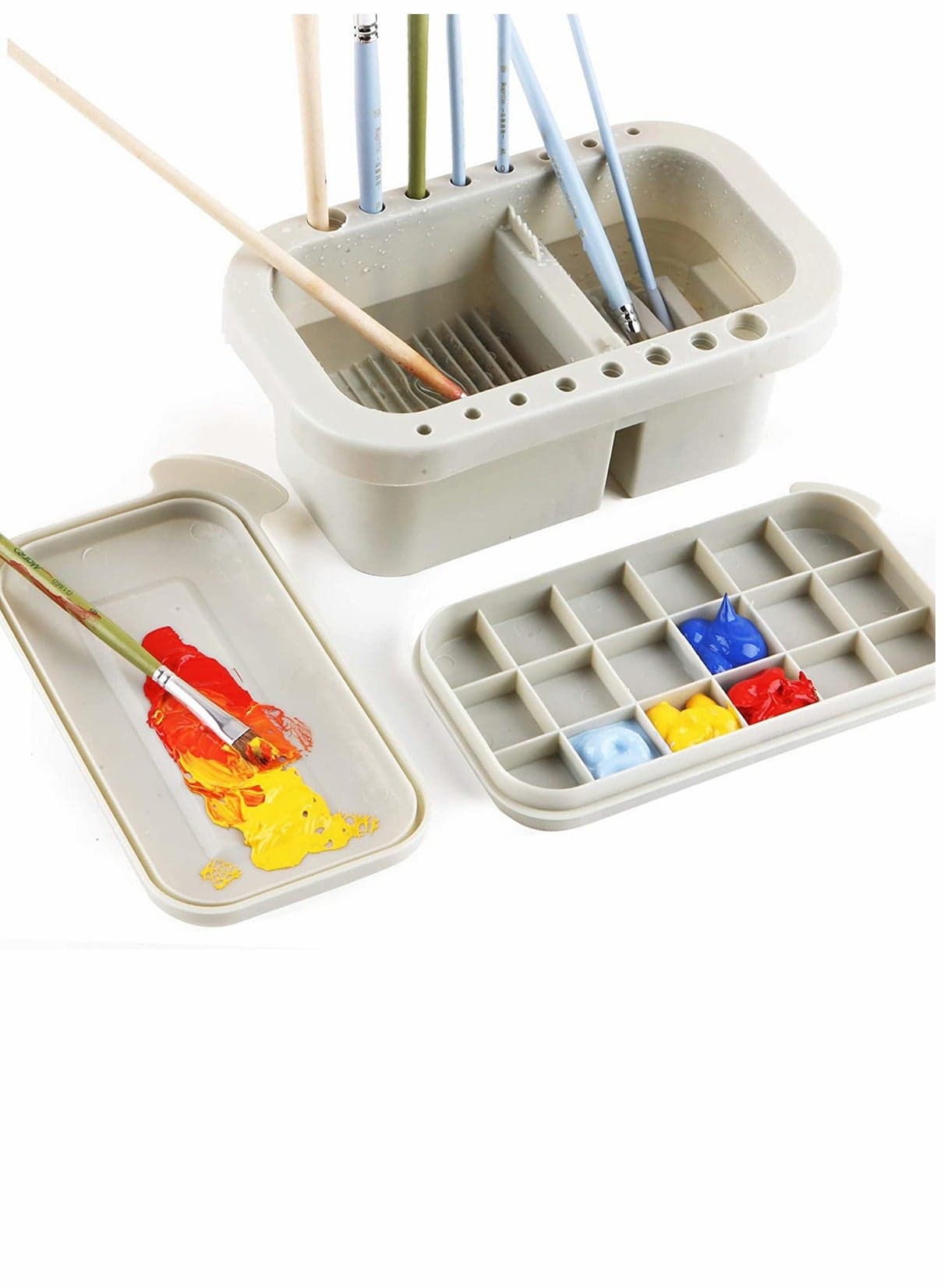 Versatile 3-in-1 Paint Brush Basin with Holder and Palette Box for Easy Cleaning of Gouache, Watercolor, Acrylic and Oil Paints