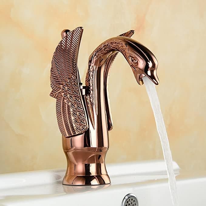B Backline Brass Swan Neck Basin Mixer Tap Hot Cold Water Single Handle Pillar tap for wash Basin Waterfall Design for Bathroom Living Room Rosegold Short Body