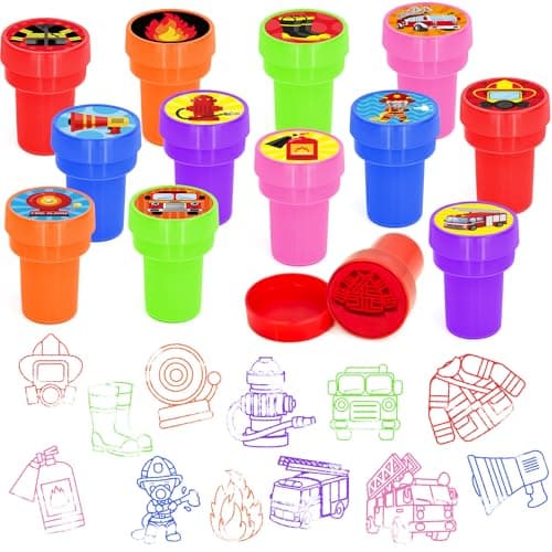 Cinrobiye 24 Pcs Fire Truck Party StampersFirefighter Party Supplies Fire Fireman Birthday Party Favors Classroom Rewards Carnival Prizes Goodie Bag Pinata Fillers