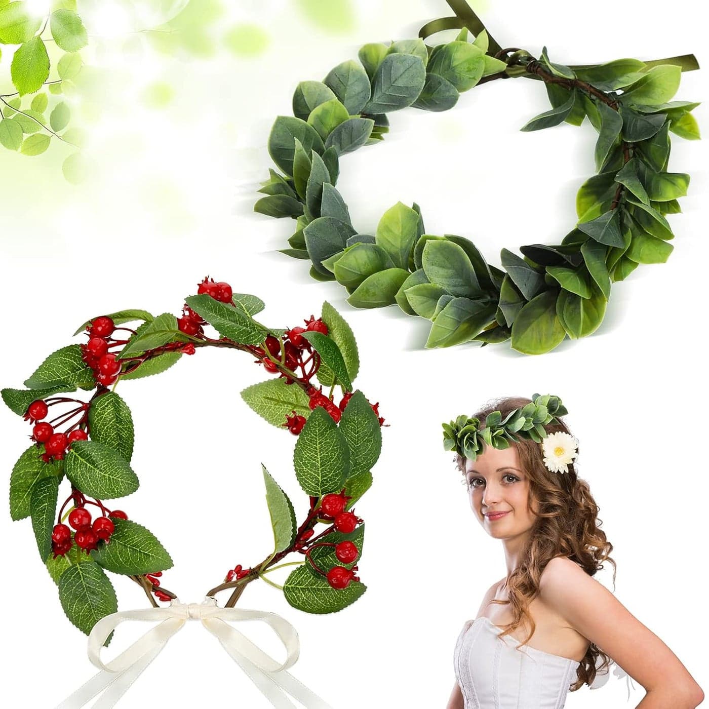 Yilloog 2 Pieces Christmas Flower Laurel Crown Hawaiian Headpiece for Women Berry Leaf Crown Boho Bridal Green Crown Artificial Leaf Headband Beach Hair Wreath for Wedding Festival 2 Styles