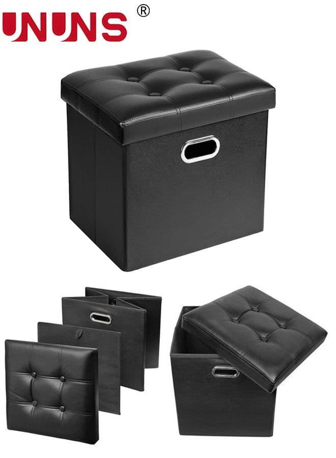 Folding Storage Ottoman Cube Foot Rest Stool Storage Seat Foldable Storage Boxes Hollow Design Faux Leather Ottoman Seat for Bedroom Dorm, Black