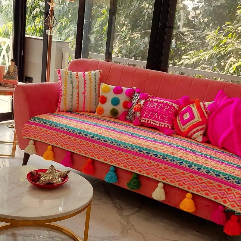 WWW.THROWPILLOW.IN Rainbow Pattern Multicoloured Tassels Anti-Slip Stylish & Functional 3 Seater and 2 Seater SofaCover -Only Seat Protection- Set of 2 Covers & 4 Armrest Covers- (3+2 Seater)