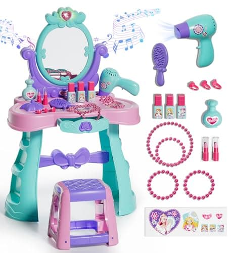Lehoo Castle Kids Vanity Table and Chair Set with Mirror Light Music Toddler Girls Makeup Table with Stool Hair Dryer Pretend Play Princess Dress Up Vanity Set Birthday Gifts for 3 Year Old Girl