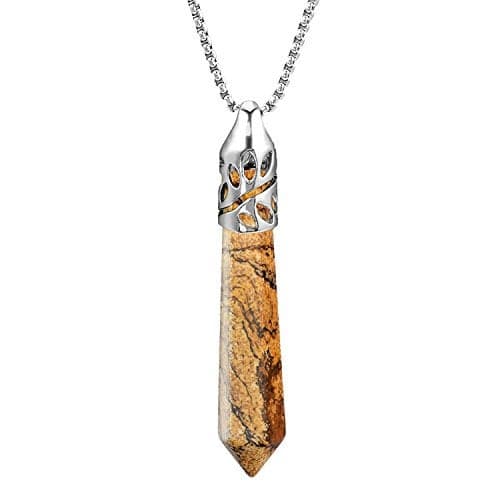 BEADNOVA Healing Crystal Necklace for Women Men Natural Picture Jasper Crystal Pendant Energy Healing Gemstones Jewelry Pendulum Divination (Hexagonal, 18 Inches Stainless Steel Chain)