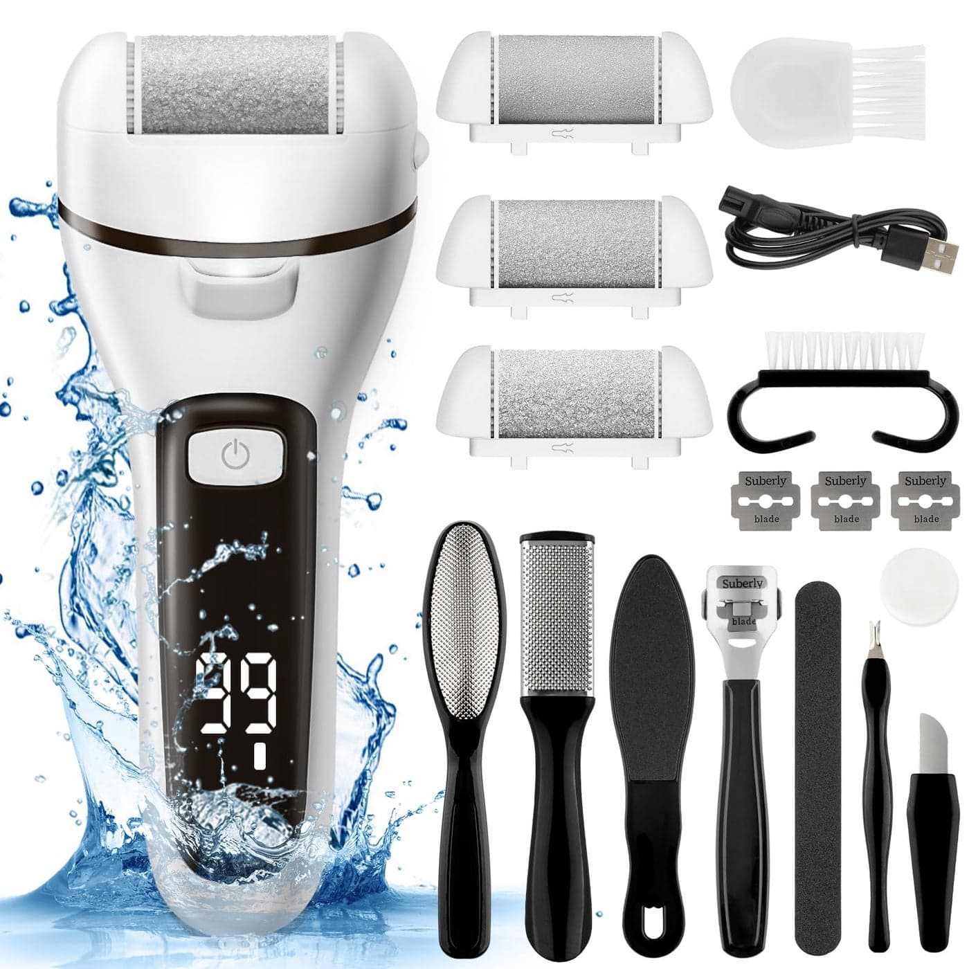 Electric Callus Remover for Feet Waterproof Rechargeable 18 in 1 Professional Pedicure Kit Foot File Pedi Scrubber Foot Care Tools Wet Dry for Hard Cracked Dry Dead Skin 3 Rollers 2 Speeds White