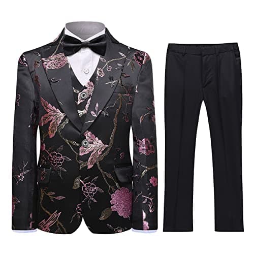 SWOTGdoby Boys Gold Paisley Floral Suit Tuxedo Slim Fit Embroidery 3 Pieces Suit Set Blazer Vest Pants