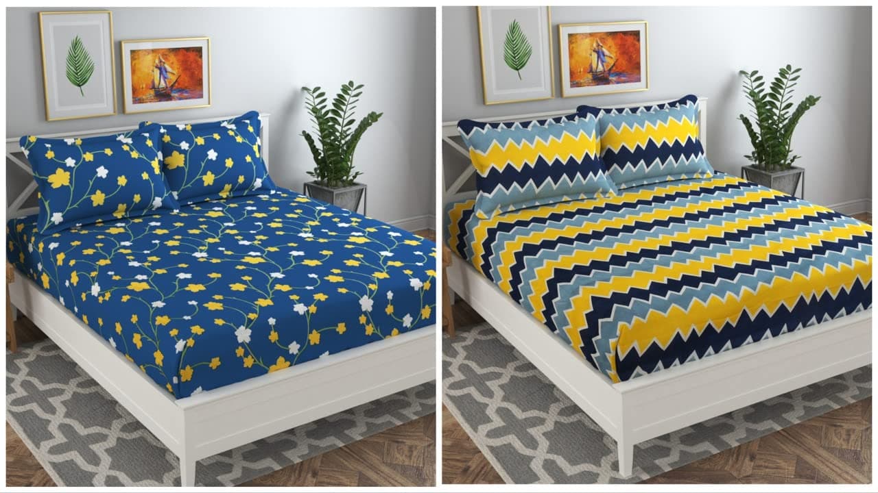 BSB HOME Prime Collection Combo Pack of 2 Double Bedsheet with 4 Pillow Covers 180 TC Soft Brushed CottonBlend Long Lasting Wrinkle Free for 75X7 Ft Set of 6 Peice Yellow Blue