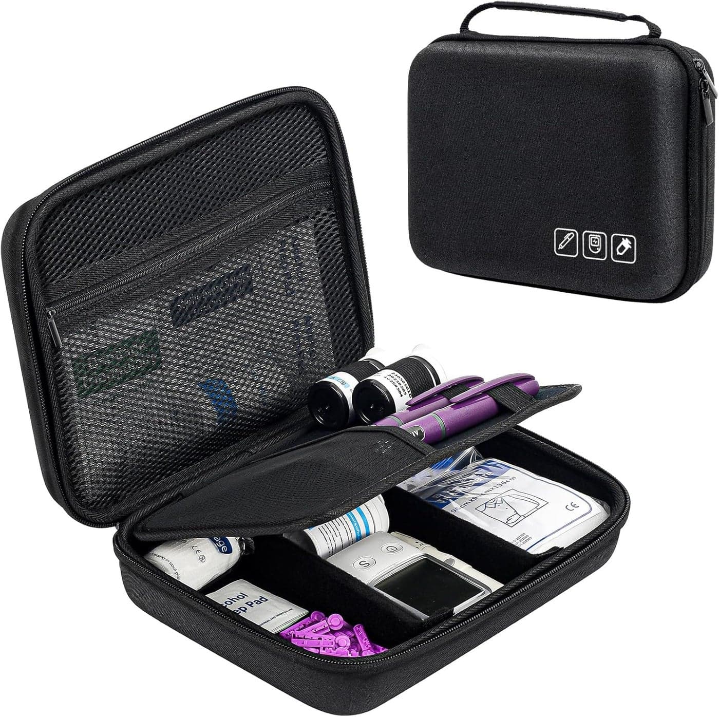 ProCase Diabetic Supplies Hard Travel Case Diabetes Storage Bag for Glucose Meter Insulin Pen Blood Sugar Test Strips Syringe Needles and More Kits Diabetic Care Kits Organizer Holder Black