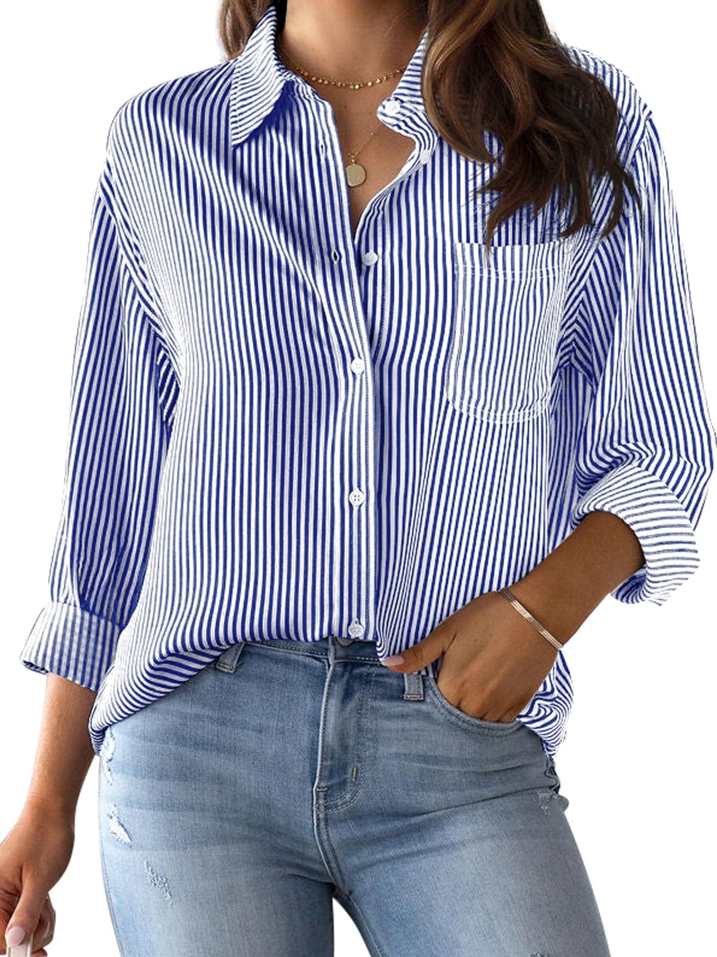 CUNLIN Navy Blue Shirt Women Blouse Button Down Up Striped Long Sleeve Shirts for Tops Cotton Womens Work Top Blouses Navy Blue Size L