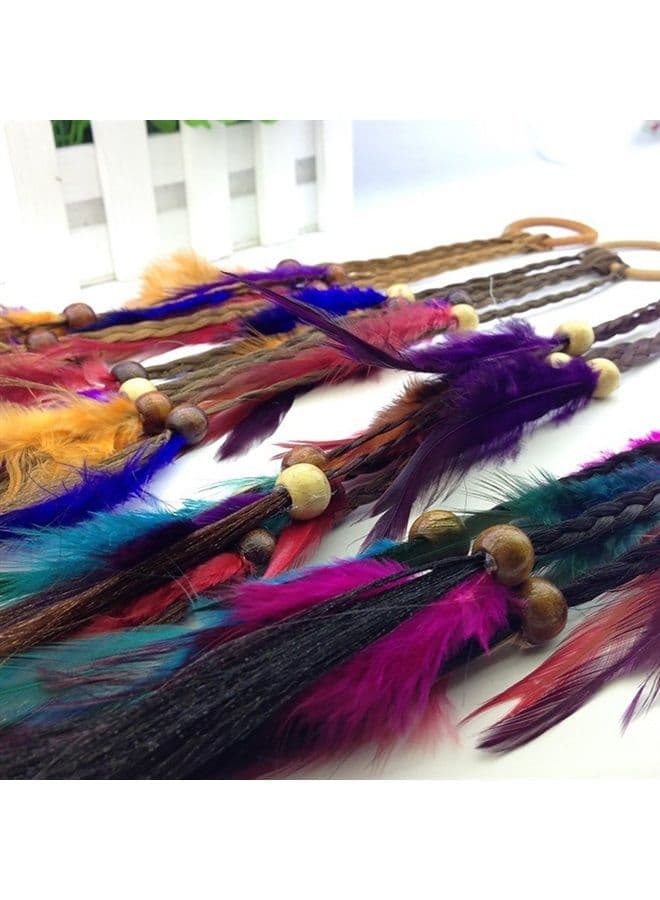 4PCS Women Lady Handmade Boho Hippie Hair Rope Head Wrap Hair Band Headbands Elastics Feather Hair Tie Ponytail Holders Hair Accessories Headdress