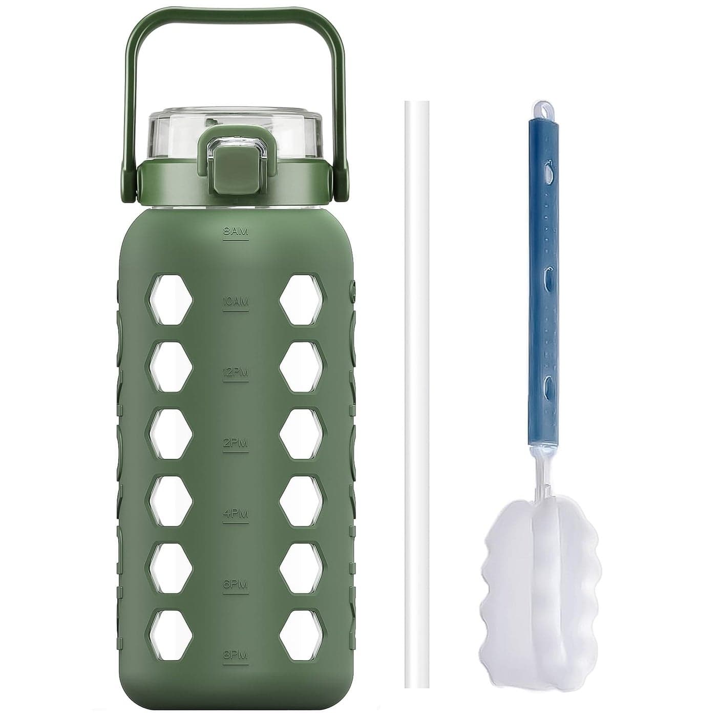 MUKOKO Half Gallon64 oz Glass Water Bottles with Straw and LidMotivational Water Jug with Time Marker Reminder and Silicone Sleeve100 Leakproof BPA Free Fitness Sports Large BottleOlive