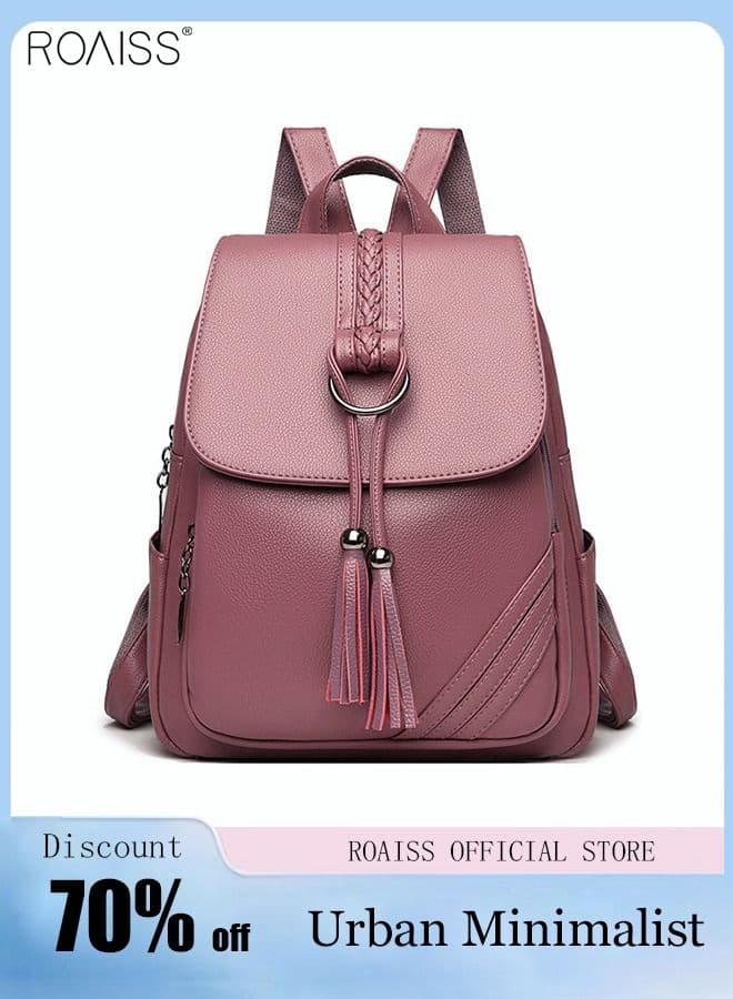 Ladies Fashion PU Leather Backpack Tassel Decor Flap Textured Knapsack Leisure Large Schoolbag Soild Travel Commute New Double Shoulder Bag for Womens College Girls Students Purple