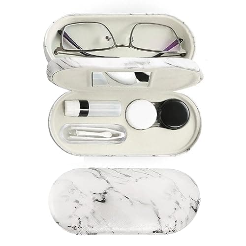 MUDOR 2 in 1 Contact Lens & Glasses Travel Case, Double Sided Kit Includes Remover Tool with Tweezers (Marble White)