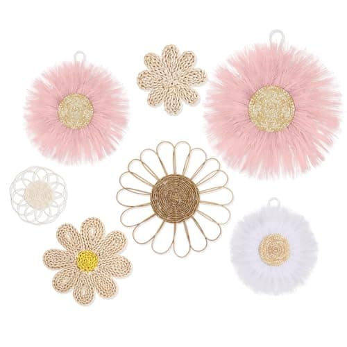 Chunful 7 Pcs Boho Wall Basket Decor Rattan Flower Wall Decor Nursery Daisy Flower Woven Macrame Hanging Flowers for Baby Kids Girls Farmhouse Bedrooms Living Rooms Kitchen Home(Pink)