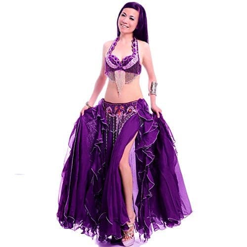 ROYAL SMEELA Belly Dance Costume Set for Women Belly Dance Bra and Belt Chiffon Dancing Skirts Professional Outfit 3pcs Purple