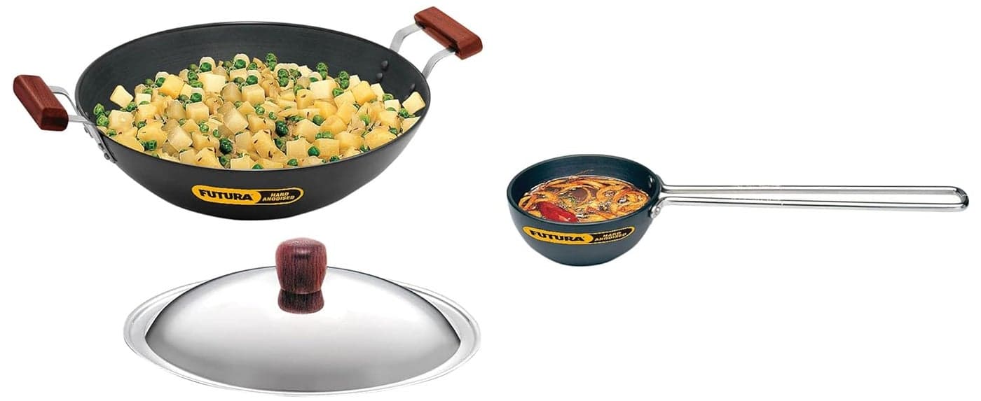 Hawkins Futura Small Tadka Pan, Hard Anodised Spice Heating Pan, Black (ATP1), 1 Cup & Futura 5 Litre Deep Fry Pan, Hard Anodised Kadai with Stainless Steel Lid, Flat Bottom Kadhai, Big Kadai, Black