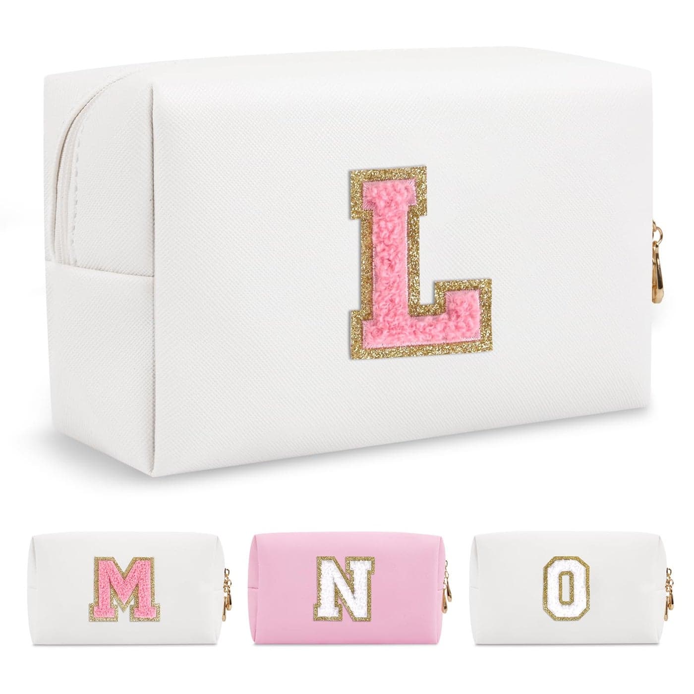 Personalized Makeup Bag Initial AZ Preppy Patch BagSmall PU Leather Travel Cosmetic Bag Pouch with ZipperWhite Cute Toiletry BagGift Ideal for Teen Girls Women Birthday Friend MomLetter L