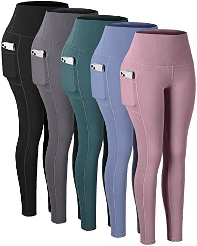 CHRLEISURE Leggings with Pockets for Women, High Waisted Tummy Control Workout Yoga Pants(5 Packs Black,Gray,Pink,Blue,Green, 2XL)