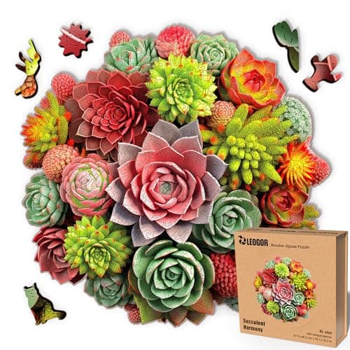 LEOGOR Wooden Puzzles for Adults 500 Piece 187 x 182 in Succulent Puzzle ExtraThick 5mm Wood Large Round Puzzle with Unique Floral and Nature Inspired Shapes Premium Gifts for Plant Lovers