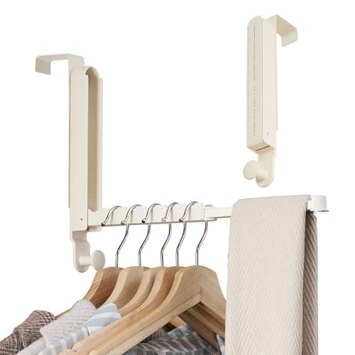 RFOUO Over The Door Hooks Hanger Fit Door up to 1 3/4" Optimal 2pc,Over The Door Hanger with Retractable Rod,Foldable Over The Door Drying Rack for Laundry Bathroom Bedroom (Milky White, 2 Pack)