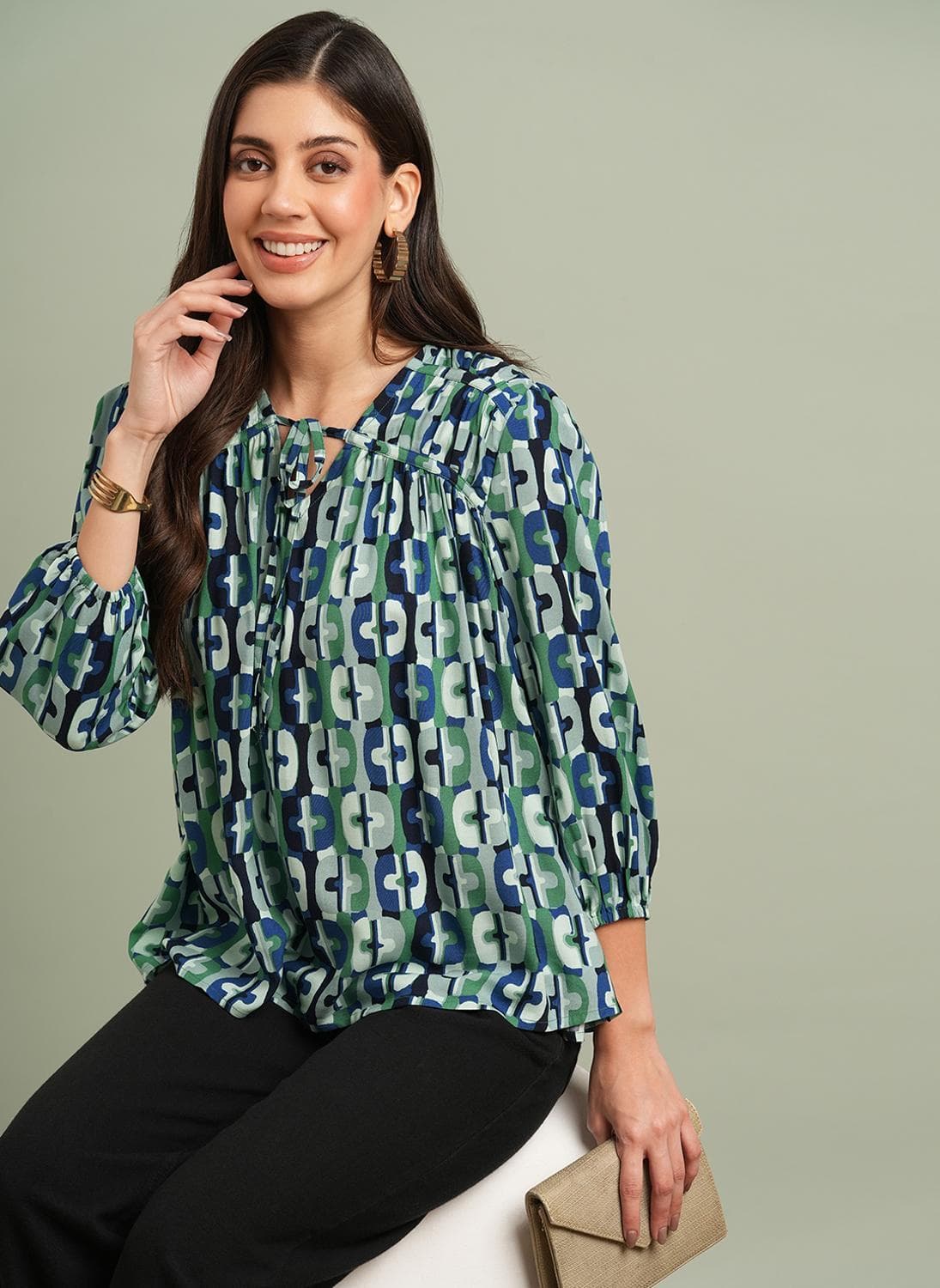 Globus Women Green V-neck Bishop Sleeves Abstract Print Tie Up detailing Top