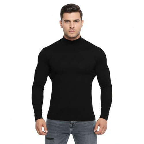CHKOKKO Men’s Full Sleeve Cotton High Neck T Shirt | Stylish Regular Fit Winter Wear | Soft Stretchy Fabric Casual Layering Outfit | Trendy Solid Tshirt for Men Black 4XL
