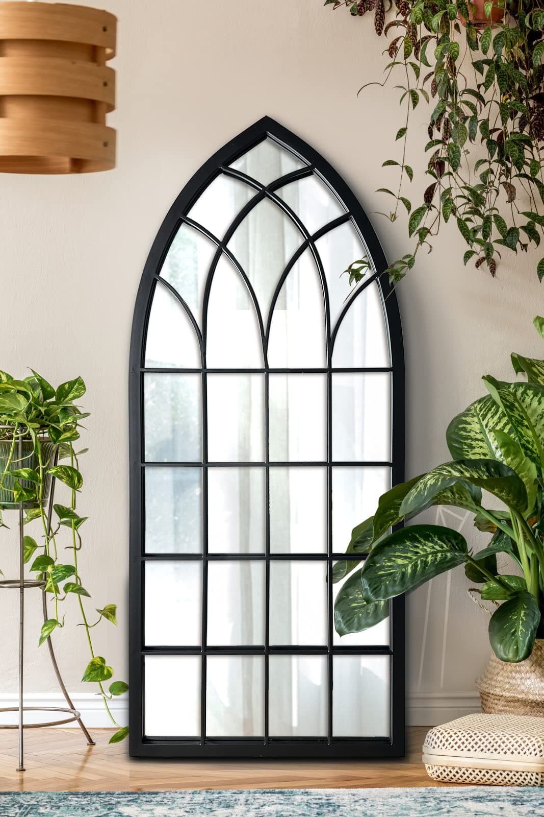 WAMIRRO Farmhouse Window MirrorArched Black Mantel MirrorCathedral Wall Mirror with Window Pane for EntrywayFireplaceLiving RoomHallway 20X46