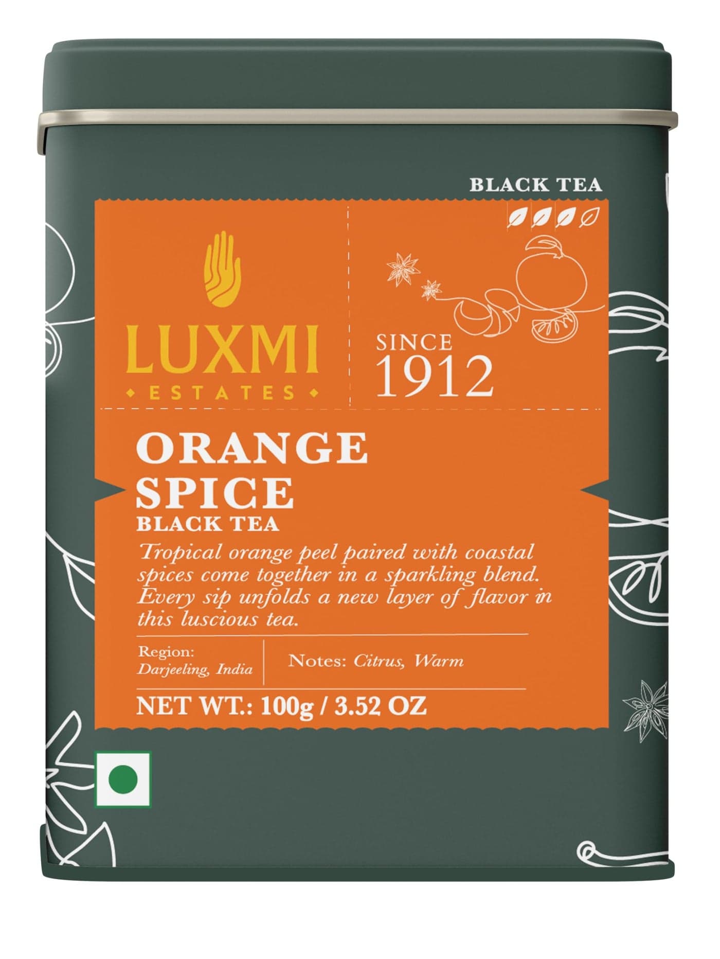 Luxmi Estates Orange Spice Black Tea 100 Gm Tin Caddy | Zesty Citrus & Warm Spice Infusion | Bold Black Tea | Refreshing & Energising | 100% Natural Blend