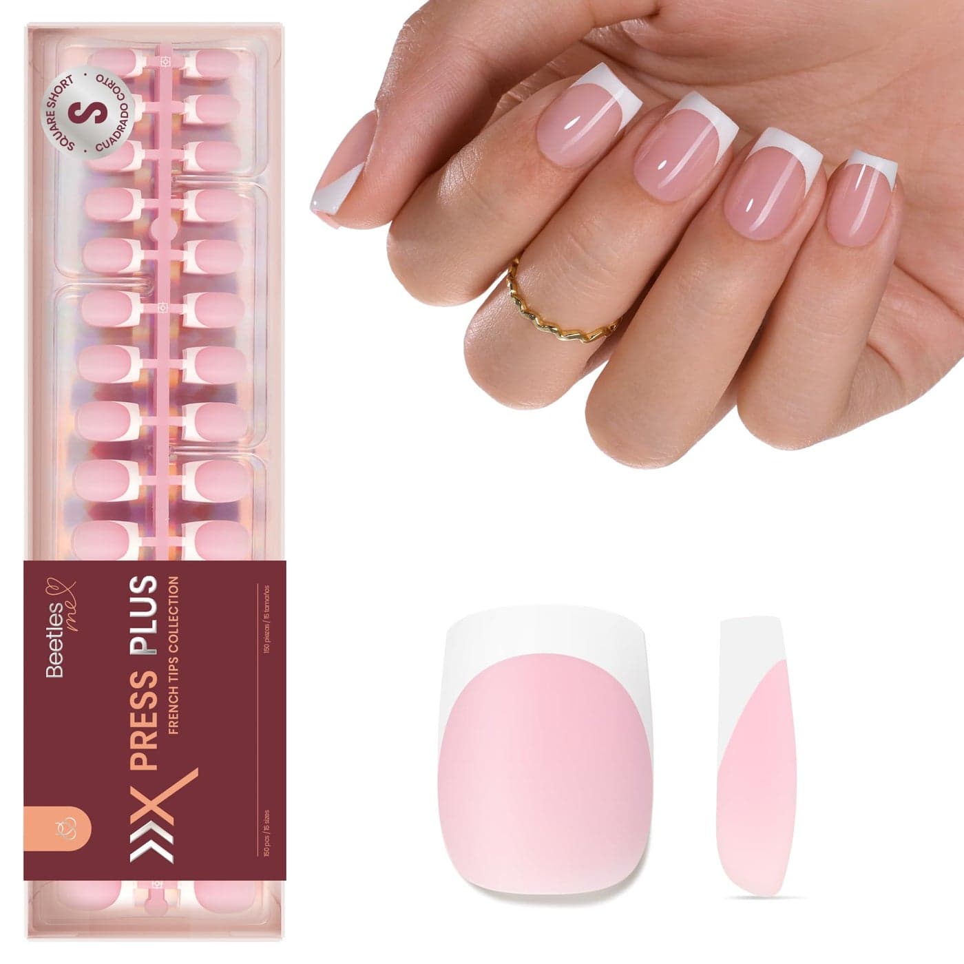Beetles French Tip Press On Nails 150 Pcs Pink Short Square Press On Nails 4 in 1 Nail Tips PreApplied Primer Base Coat No File Need DIY Manicure for Nail Extension Gifts for Women