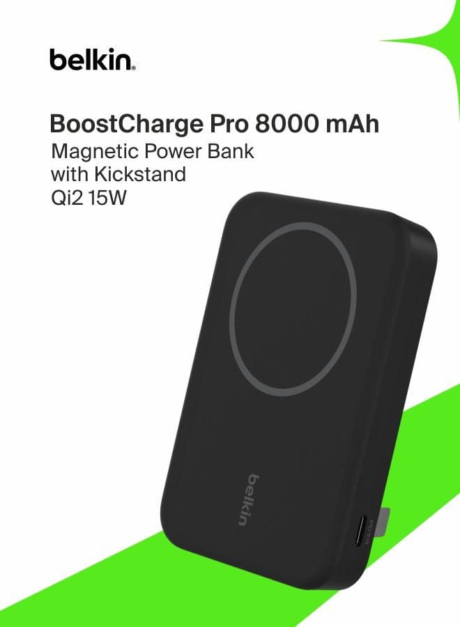 8000 mAh BoostCharge Pro Wireless Power Bank 8000mAh with Qi2, MagSafe Compatible Portable Charger + Built-in Pop-up Kickstand - For iPhone 16, 16 Plus, 16 Pro, 16 Pro Max, iPhone 15, and More - Black Black